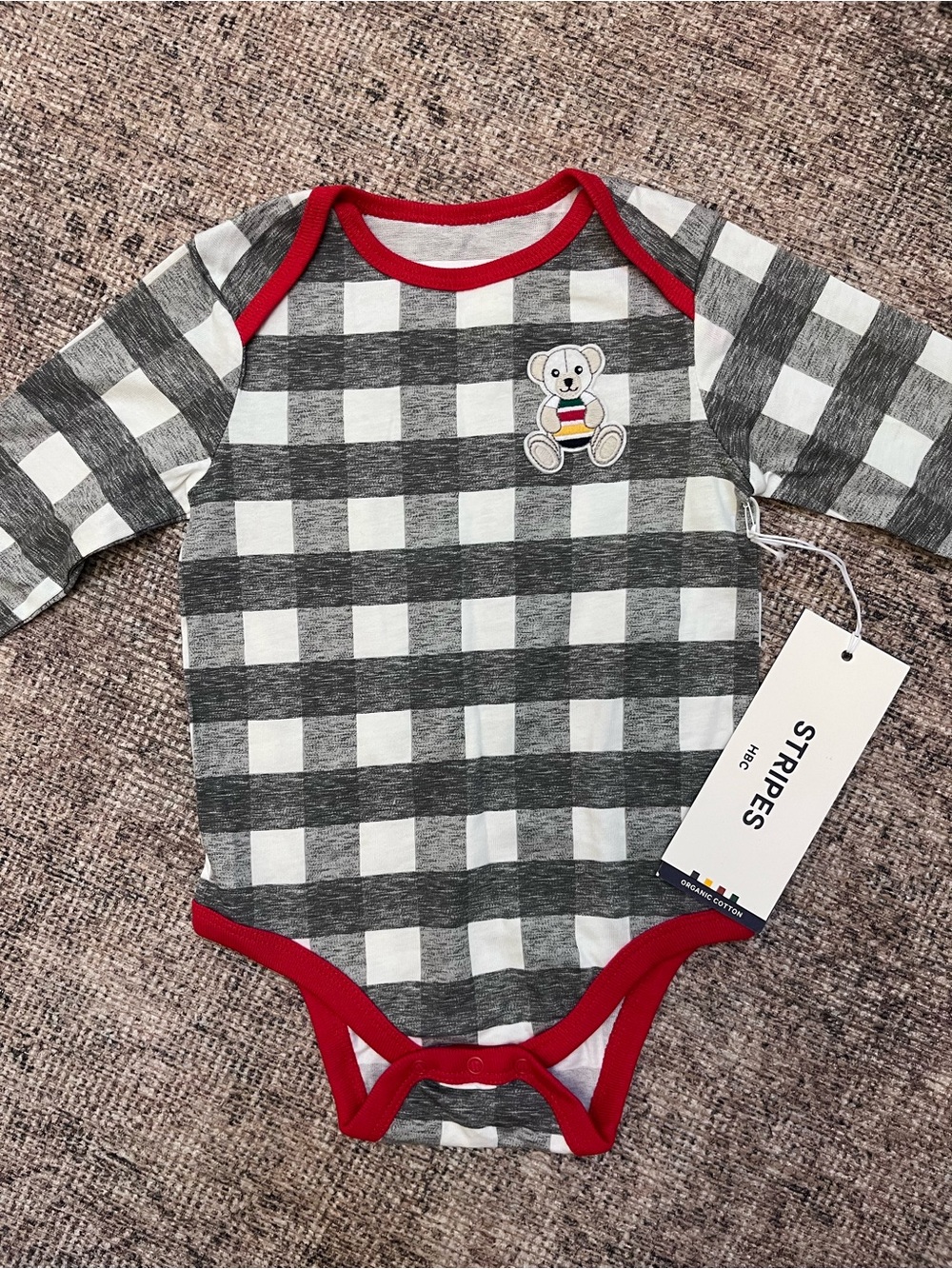 Hudson’s Bay NEW 6-12m Checked Bear Baby Bodysuit Organic Cotton 🇨🇦